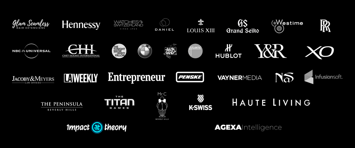Selected brands and organizations from Luis Garcia’s company and client work, including Rolls-Royce, NBCUniversal, Hublot, VaynerMedia, Chet Holmes International, Impact Theory and Agexa