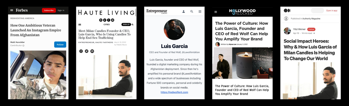 Existing Luis Garcia press coverage and author profile collection: Forbes, Haute Living, Entrepreneur, Hollywood Unlocked and Authority Magazine